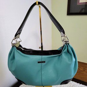 Vittorio Turquoise Leather Hobo Shoulder Bag with Brown Patent Trim